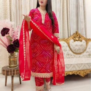 Cotton embroidered festive suit set with gold zari work and net dupatta – available in all sizes