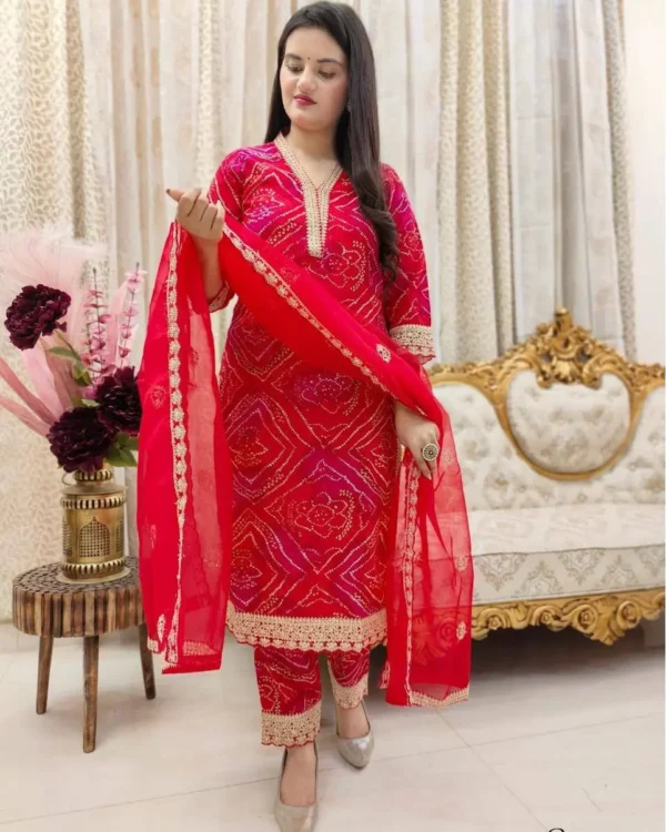 Cotton embroidered festive suit set with gold zari work and net dupatta – available in all sizes