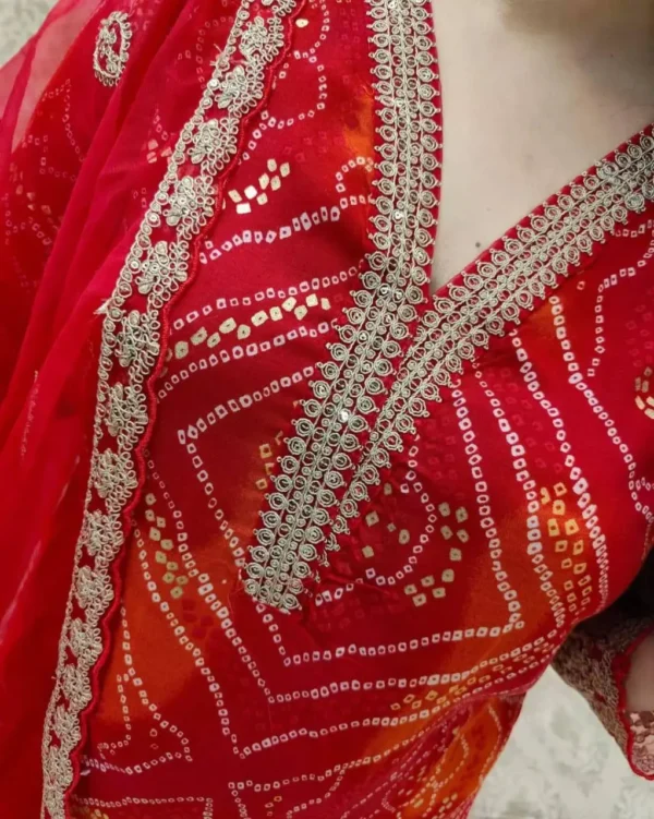 Bandhej Style Embroidered Suit Set with Lace Border Net Dupatta - Image 3