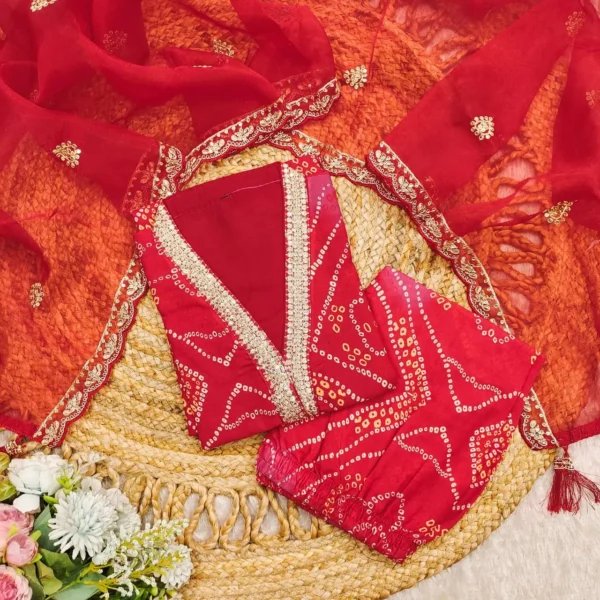 Bandhej Style Embroidered Suit Set with Lace Border Net Dupatta - Image 4