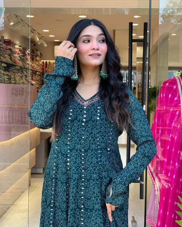 Designer Deep Teal Green round Kurti Set with Embroidery - Image 2
