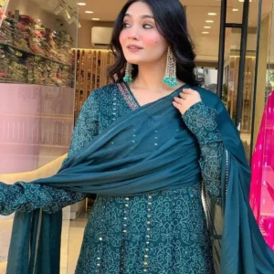 Deep teal green kurti with embroidery and mirror work