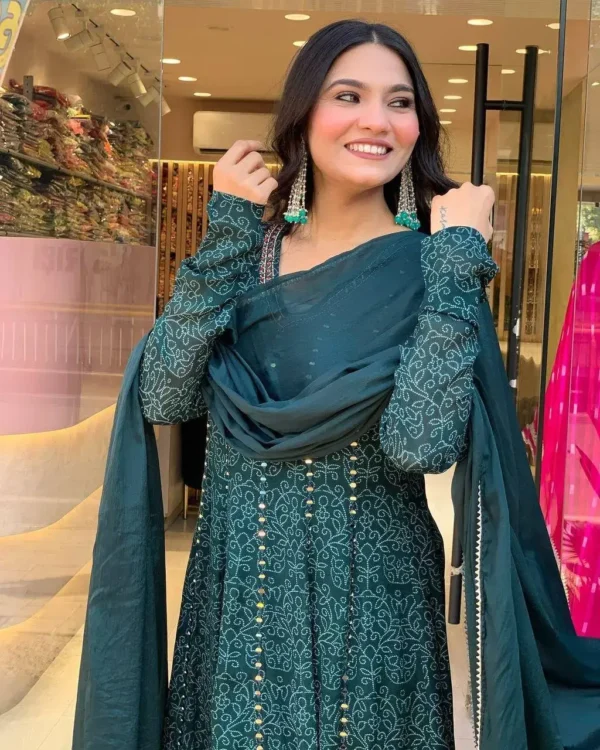 Designer Deep Teal Green round Kurti Set with Embroidery - Image 4