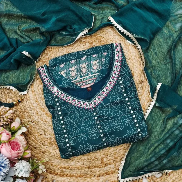Designer Deep Teal Green round Kurti Set with Embroidery - Image 5