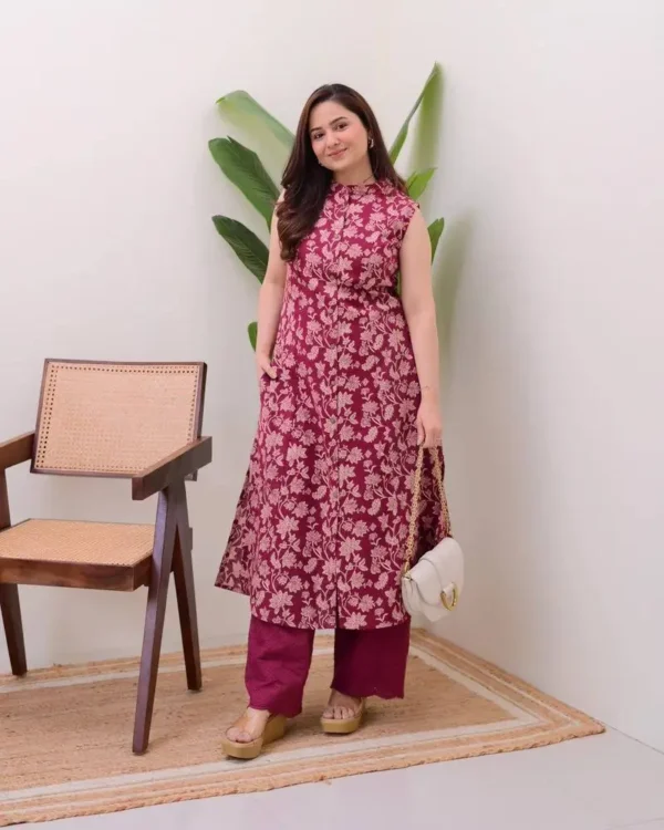 Ethnic cotton kurti set in ivory with green floral print styled with white pants