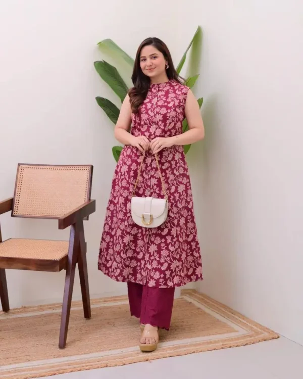 Full-length ethnic kurti with printed detailing and coordinating pants for women