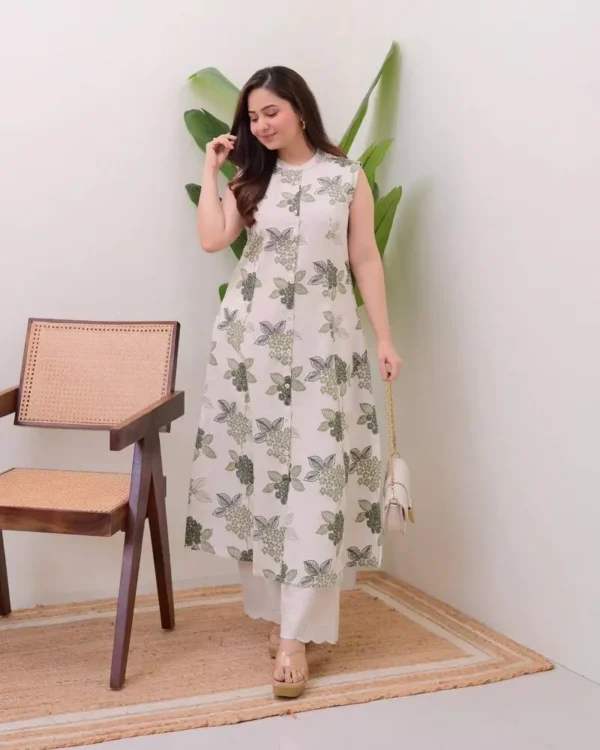 Elegant ivory and green floral kurti set for casual ethnic wear