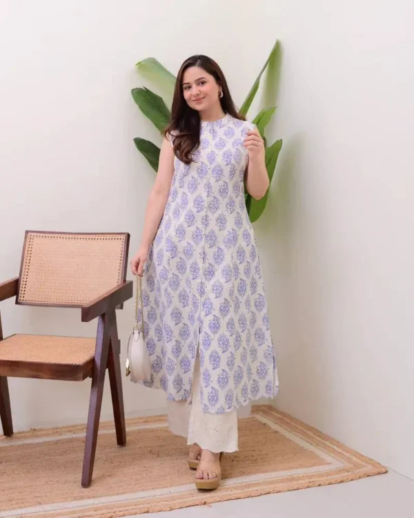 White kurti with bold blue flower