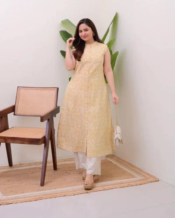 Pastel yellow printed kurti with palazzo, perfect for daytime festive looks