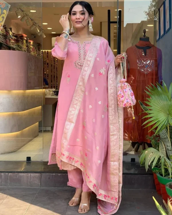 Pink festive wear kurti set with potli bag