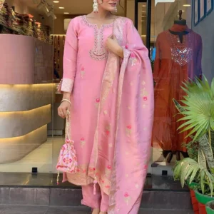 Baby pink shimmer jacquard suit with floral embroidery