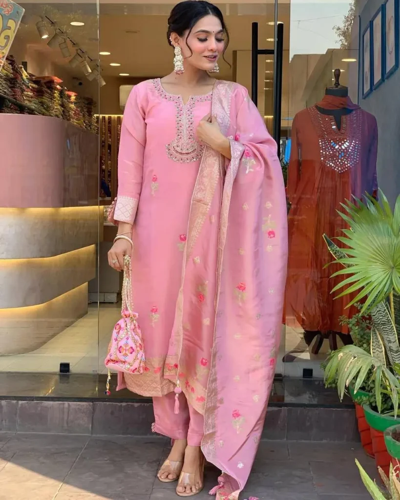 Baby pink shimmer jacquard suit with floral embroidery
