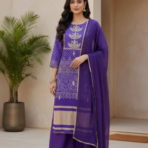 Purple embroidered kurta set for women with dupatta, elegant ethnic wear for festive occasions