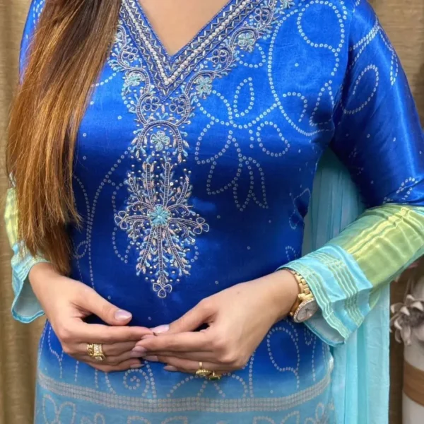 Royal Blue Ombré Bandhani Suit Set with Sea Green Dupatta and Palazzo