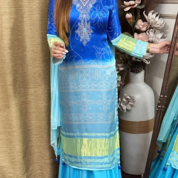 Royal Blue Ombré Bandhani Suit Set with Sea Green Dupatta and Palazzo