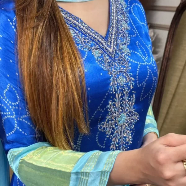 Blue ethnic three-piece suit with embroidery and digital Bandhej print