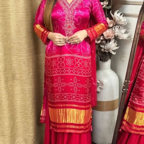 Bridal or festive suit set in vibrant pink with Bandhej style print