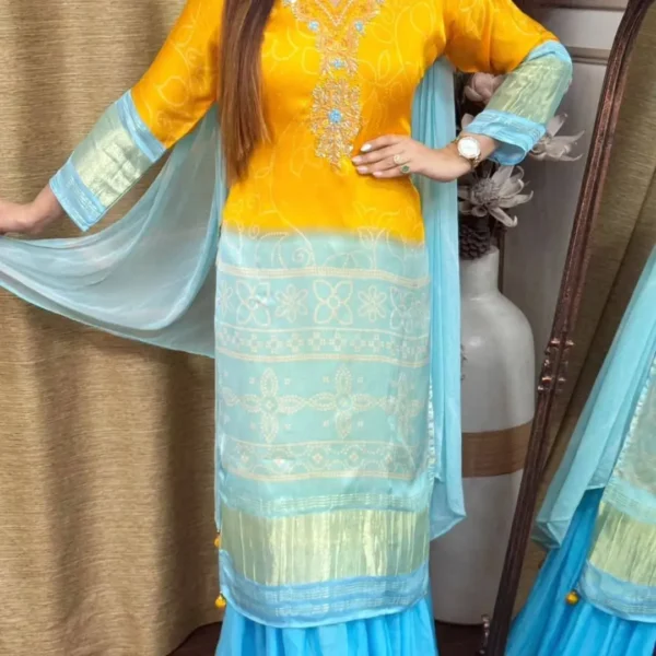 Yellow Bandhani kurti with contrast blue palazzo – perfect festive outfit