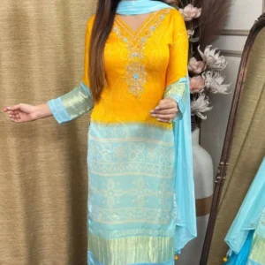 "Mustard Yellow Ombré Suit Set with Sky Blue Palazzo and Light Blue Dupatta
