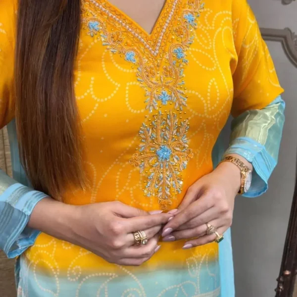 Ethnic yellow and blue ombré suit with light net dupatta
