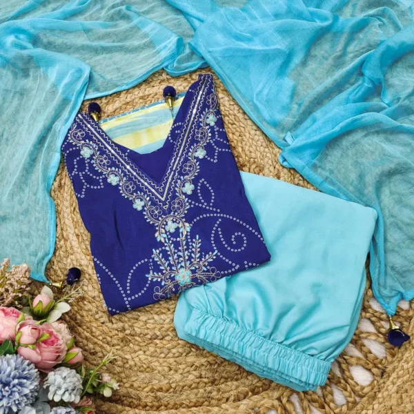 Traditional Bandhani kurti set in blue and green with embellished neckline