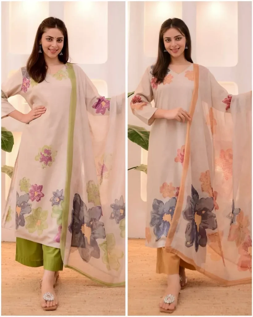 Designer cotton salwar kameez with green & mustard pant options – summer kurta set