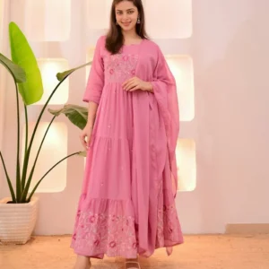 Blush pink embroidered Anarkali suit set with matching dupatta – festive outfit for women