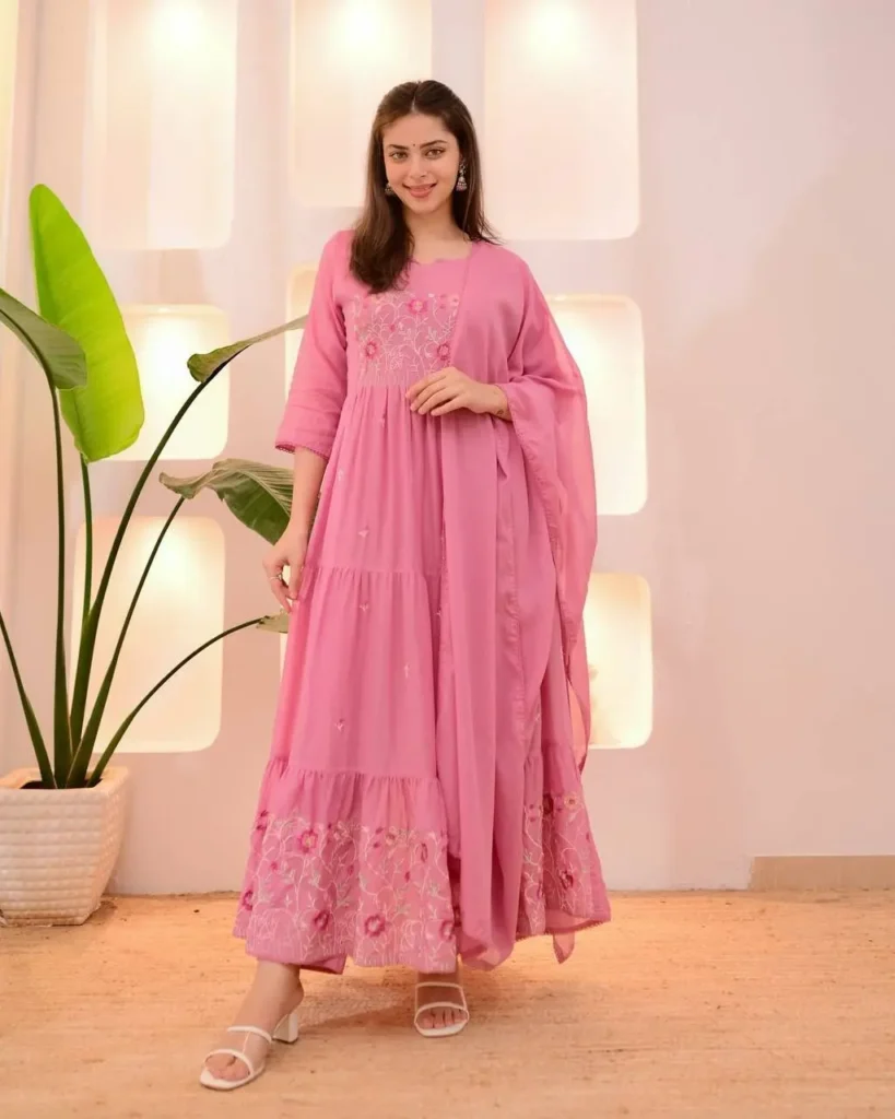 Blush pink embroidered Anarkali suit set with matching dupatta – festive outfit for women