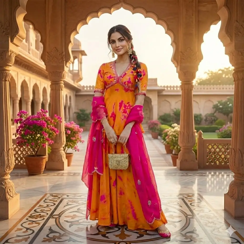 Orange and pink ethnic kurta set for women with dupatta, festive and wedding wear outfit