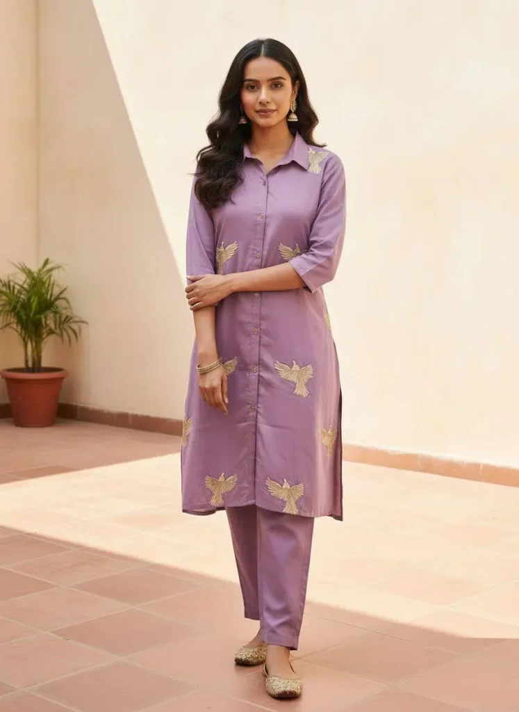 Lavender kurta pant set for women with bird embroidery, elegant ethnic wear for daily and festive use