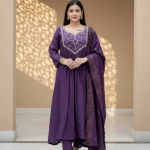 Purple Embroidered Kurti Pant Dupatta Set