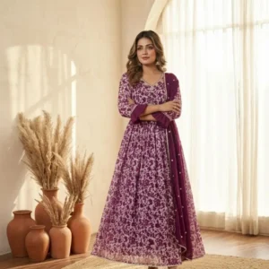 Georgette floral printed gown with embroidered dupatta