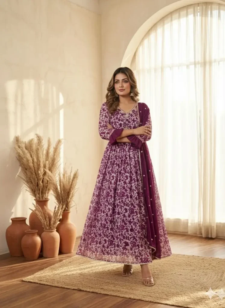 Georgette floral printed gown with embroidered dupatta