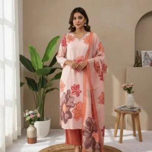 Light pink floral cotton salwar kameez set with peach pants and printed dupatta for women