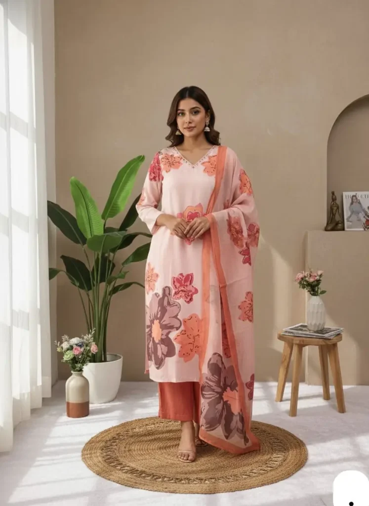 Light pink floral cotton salwar kameez set with peach pants and printed dupatta for women
