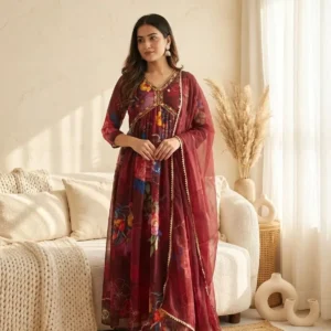 Floral Printed Alia Cut Anarkali Gown Kurti with Dupatta