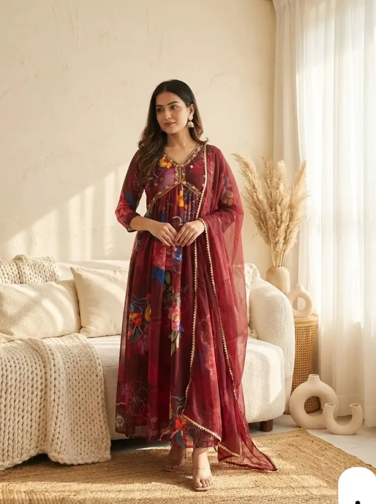 Floral Printed Alia Cut Anarkali Gown Kurti with Dupatta