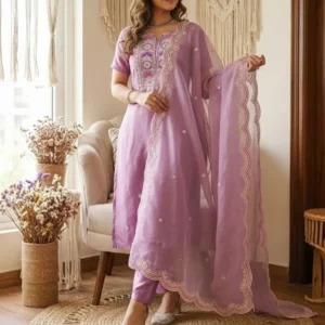 Purple chinon kurti pant set with white thread embroidery