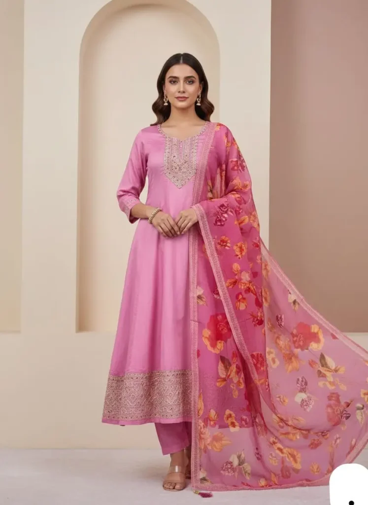 A-Line Roman Silk Kurti Palazzo Dupatta Set for Women