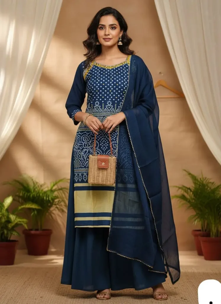 Woman wearing navy blue printed Anarkali suit with dupatta for festive wear