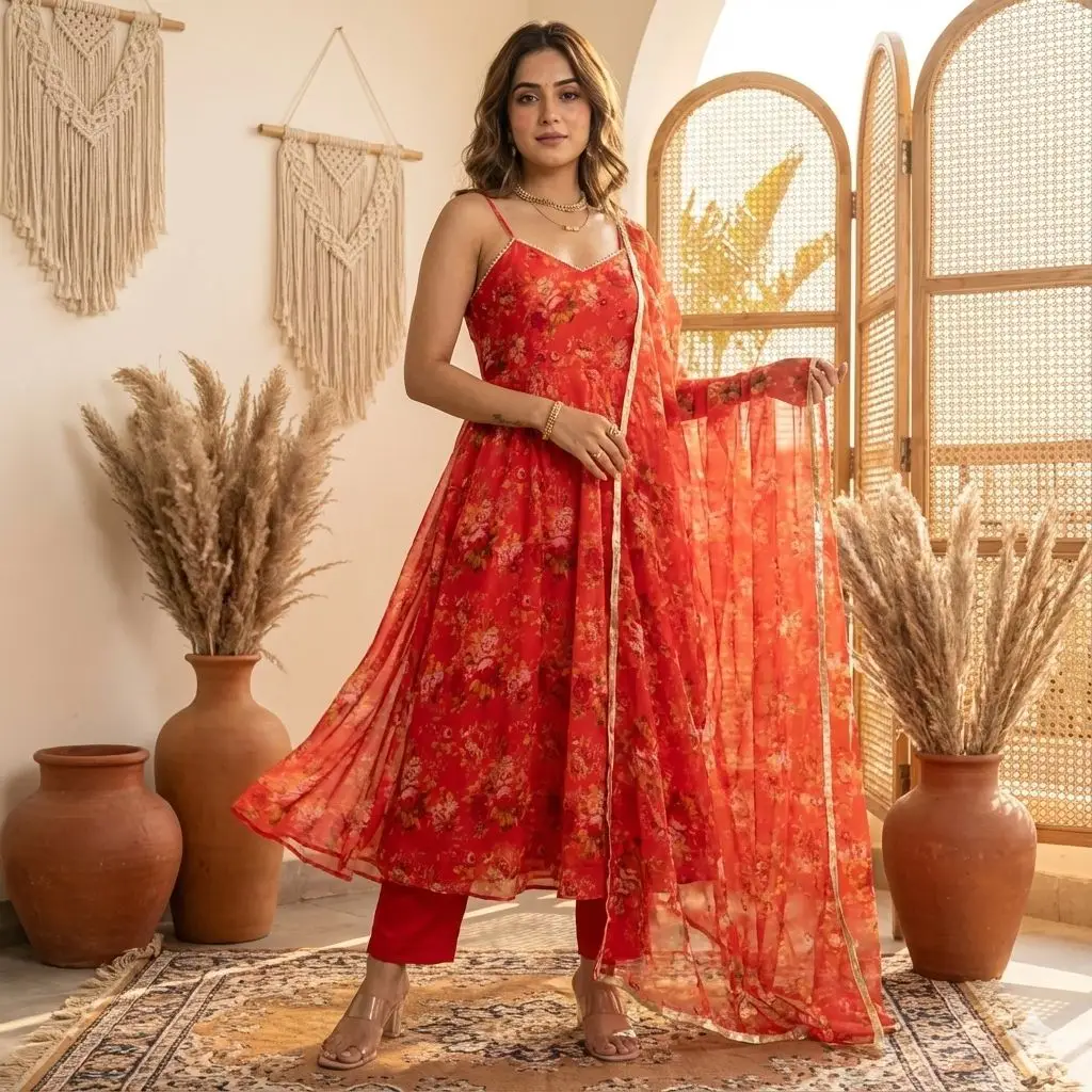 Summer wear orange floral Anarkali dress