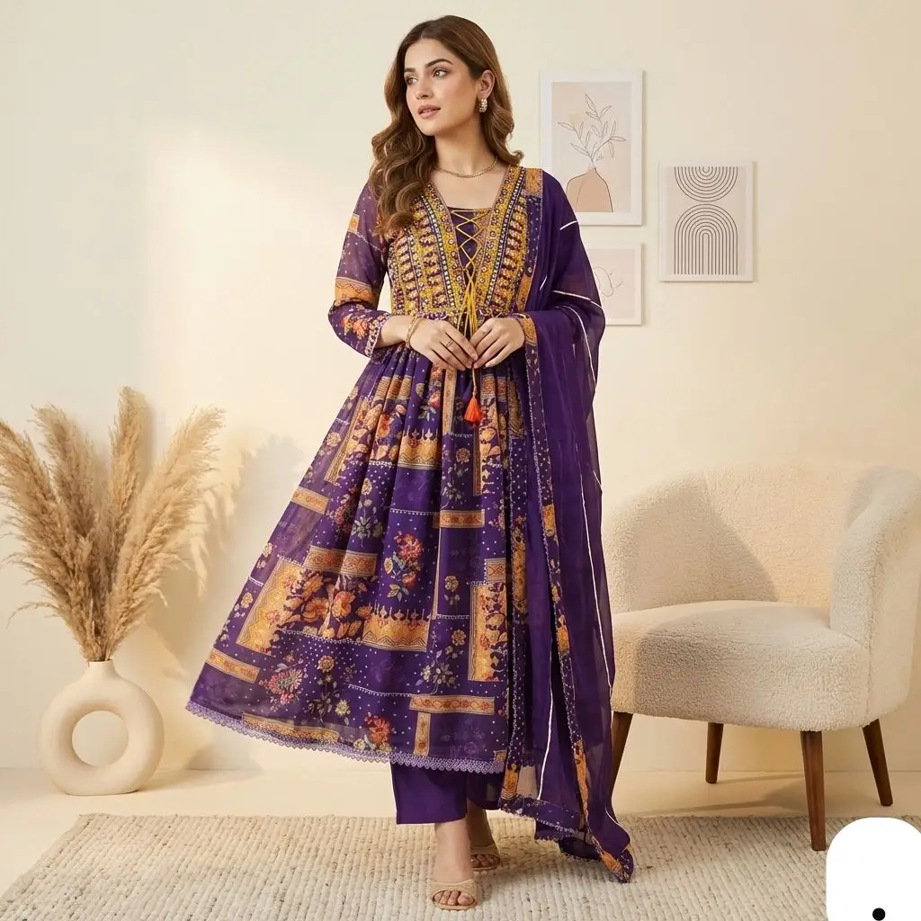 purple fox georgette gown suit set with mirror work and dupatta