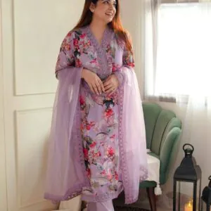 printed silk suit set with organza dupatta
